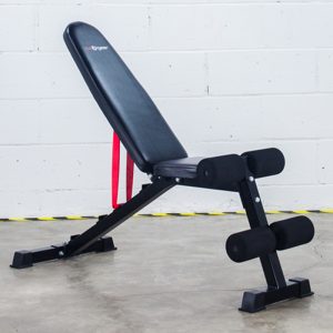 Vitox Fitness - Adjustable FID bench VB115, with a padded seat and backrest, shown in multiple positions (flat, incline, decline), with leg holder foam. Features a sturdy frame and adjustable settings for versatile workouts.