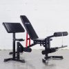 Vitox Fitness Adjustable Utility Bench with multiple incline and flat positions, featured with adjustable backrest and seat pad, carry handle and wheels for easy mobility, optional leg holder and preacher curl pad, perfect for versatile strength training at home or gym.