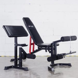 Vitox Fitness Adjustable Utility Bench with multiple incline and flat positions, featured with adjustable backrest and seat pad, carry handle and wheels for easy mobility, optional leg holder and preacher curl pad, perfect for versatile strength training at home or gym.