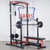 Vitox Fitness - Half power rack VR215: A sturdy black and red weightlifting structure with two vertical posts and adjustable safety bars. It includes a pull-up bar at the top and barbell hooks for squats and bench presses. The frame features multiple height adjustments, with safety arms and a compact design, suitable for home or gym use.