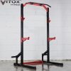 Vitox Fitness Half rack VR220: A compact weightlifting structure with two vertical posts and adjustable barbell hooks. It provides support for exercises like squats and bench presses while taking up less space than a full power rack. It includes safety arms, a multi-grip pull-up bar, and four weight plate storage and two bar storage tube. Optional attachment for added versatility, such as Lat/Row Pulley, Dip Handle, AB Board, Wrist Trainer and T-Bar Training.