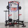 Vitox Fitness Half rack VR220: A compact weightlifting structure with two vertical posts and adjustable barbell hooks. It provides support for exercises like squats and bench presses while taking up less space than a full power rack. It includes safety arms, a multi-grip pull-up bar, and four weight plate storage and two bar storage tube. Optional attachment for added versatility, such as Lat/Row Pulley, Dip Handle, AB Board, Wrist Trainer and T-Bar Training.