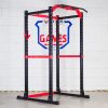 Vitox Fitness Power Rack VR225: A sturdy, rectangular metal frame designed for weightlifting exercises. It features adjustable safety bars and hooks to hold a barbell, allowing for safe squats, bench presses, and other strength training movements. The structure has multiple height settings and multi grip pull-ups and optional lat/row pulley attachment.