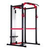 Vitox Fitness Power Rack VR225: A sturdy, rectangular metal frame designed for weightlifting exercises. It features adjustable safety bars and hooks to hold a barbell, allowing for safe squats, bench presses, and other strength training movements. The structure has multiple height settings and multi grip pull-ups and optional lat/row pulley attachment.